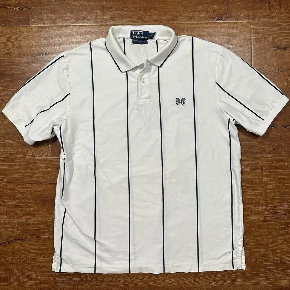 Vintage 90s Ralph Lauren Tennis Polo Shirt Mens L White Stripe Pima Cotton Peru